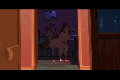 1950s 1boy 50s anal annie_hughes ass biting_lip blargsnarf blue_eyes bouncing_breasts bouncing_on_penis breasts brown_hair butt female green_eyes high_heels kent_mansley male nipples on_bed penis purple_eyeshadow red_lipstick smile straight the_iron_giant