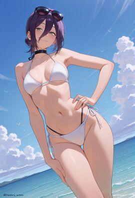 1girl ai_generated ass_visible_through_thighs bangs beach bikini bird blue_sky blush breasts chainsaw_man choker closed_mouth cloud collarbone day eyewear_on_head green_eyes hair_between_eyes hand_on_hip horizon looking_at_viewer medium_hair mole navel ocean outdoors owari_wan purple_hair reze_(chainsaw_man) seagull side-tie_bikini sky solo string_bikini sunglasses swimsuit thigh_gap water white_bikini