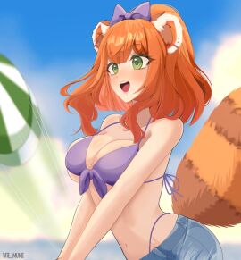 1girls 2d 2d_(artwork) alternate_costume animal_ears animal_tail anime_onegai ball_(object) beach beach_background beach_ball bikini bikini_bottom bikini_top blush breasts clouds covered_breasts day fanart fanart_from_twitter female female_focus female_only green_eyes happy happy_female high_resolution highres latam_virtual_youtuber light-skinned_female light_skin looking_at_object medium_breasts minishorts mole mole_under_eye neo_dengeki ocean open_mouth orange_hair outdoors ponytail purple_bikini purple_bikini_bottom purple_bikini_top ribbon ribbon_in_hair sand sara_akari short_hair sky slim_female solo solo_female solo_focus standing summer swimsuit tanuki_ears tanuki_girl tanuki_tail tate_mumi_(artist) two_piece_swimsuit virtual_youtuber vtuber vtuberfanart water young younger_female