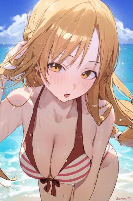 1girls 2024 beach blonde_hair blush breasts cleavage eyebrows female long_hair looking_at_viewer open_mouth solo solo_female solo_focus sooon swimsuit sword_art_online water yuuki_asuna