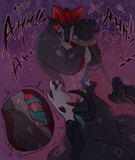 2_horns 4_horns a1tar abs anthro anthro_only anthro_pred arms_tied balls bara biceps big_dom_small_sub big_horn big_muscles big_tongue black_body black_skin bondage bone bound captured chest_tuft collar colored digital_media_(artwork) dominant dominant_anthro dominant_male duo empty_eyes english_text erection facial_piercing feet_first gaping_mouth genitals green_tongue hair horn interspecies larger_anthro larger_male larger_pred long_tongue male male/male male_anthro male_on_anthro male_pred male_prey monotone_body monster multi_horn muscles muscular muscular_anthro muscular_dom muscular_male muscular_sub nose_piercing nose_ring nubbed_penis nude onomatopoeia open_mouth oral partially_inside pecs penis piercing red_hair red_horn restraints ring_piercing rope rope_bondage sex sharp_teeth simple_background size_difference skull skull_head smaller_male smaller_prey soft_vore sound_effects suadak submissive teeth text tongue tongue_around_penis tongue_out tongue_wrap tonguejob tuft vore willing_pred x-ray_view yaoi