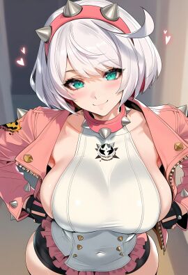 ai_generated big_breasts chocopizza elphelt_valentine green_eyes guilty_gear_strive smiling white_hair