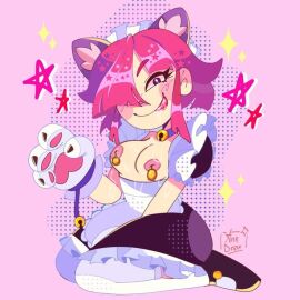 artist_request brawl_stars cat_ears cat_girl cat_maid cat_paws colette_(brawl_stars) female maid maid_outfit maid_uniform nipple_piercing nipples piercing pink_hair pinku_pawlette simple_background smile smile_at_viewer smiley_face source_request supercell tagme third-party_edit tongue tongue_out