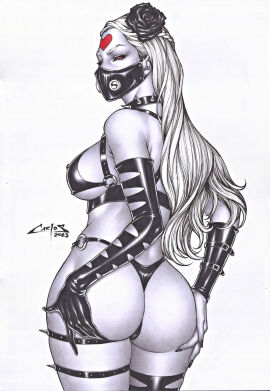 1girls 2d ass ass_focus big_ass carlos_braga collar deviantart_link dominant dominatrix female hands_on_ass heart kaijin_hime_do-s mask one-punch_man red_eyes skimpy solo solo_focus spiked_collar