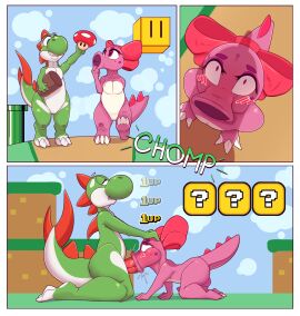 2boys :>= absurd_res accessory anthro ass birdo bow_ribbon chapaevv deepthroat digital_media_(artwork) duo english_text erection face_fucking fellatio femboy gameplay_mechanics genitals growth hair_accessory hair_ribbon hairbow hi_res irrumatio male male_focus male_only male_penetrating mario_(series) nintendo open_mouth oral oral_penetration penetration penile penis reptile ribbons scalie sex size_difference text trap yoshi