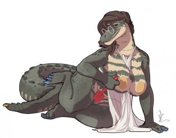 age_difference alligator alligatorid apron between_breasts big_breasts breasts censored censored_genitalia censored_pussy clothing crocodile crocodilian crocodylid eyewear female furgonomics furry-specific_piercing glasses hair lavasi lounging mature_female naturally_censored older_female piercing pussy reptile scalie scuted_tail scutes solo spatula tail tail_piercing tools