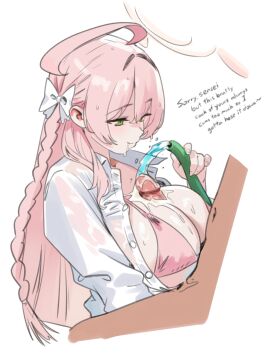 1boy after_ejaculation after_paizuri ahoge bikini blue_archive bow braid breasts cum cum_on_body cum_on_breasts english_text female from_side green_eyes hairbow hanako_(blue_archive) hanako_(swimsuit)_(blue_archive) highres holding holding_hose hose large_breasts long_hair male official_alternate_costume open_clothes open_shirt paizuri paizuri_under_bikini paizuri_under_clothes penis pink_bikini pink_hair shirt single_braid solo_focus straight swimsuit swimsuit_paizuri swimzuri thernz uncensored water white_bow white_shirt