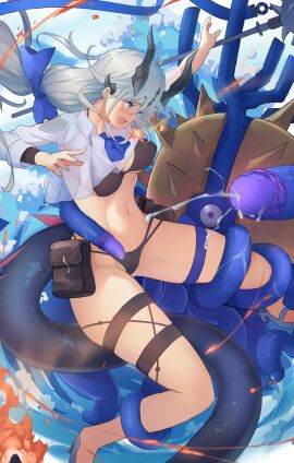 arknights bikini black_bikini black_tail blue_footwear breasts creature cropped_shirt cum dragon_girl dragon_horns dragon_tail female fire grey_hair hair_ribbon highres horns kiso_(wjnomcuzqmdjcql) large_breasts long_hair looking_at_creature male navel open_mouth penis penis_tentacle reed_(arknights) restrained ribbon see-through_clothes see-through_shirt shirt solo spiked spread_legs stomach swimsuit tail tentacle thigh_strap