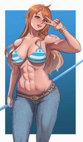 1girls abs arm_tattoo athletic_female bare_shoulders big_breasts bikini blue_tattoo blush bra breasts clothed clothing color female female_focus female_human female_only fit fit_female fluffydus hi_res human jeans large_breasts light-skinned_female light_skin long_hair looking_at_viewer muscles muscular muscular_female nami_(one_piece) one_piece orange-haired_female orange_eyes orange_hair post-timeskip shounen_jump slim_waist solo solo_female striped_bikini tagme tattoo thick_thighs wide_hips