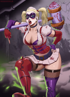 1girls alternate_version_available armwear batman:_arkham_asylum belt belt_buckle big_breasts blonde_hair blue_eyes boots bra breasts cleavage corset dc dc_comics domino_mask elbow_gloves eyewear female female_only fishnet_legwear fishnets gloves hammer hand_on_hip harley_quinn harley_quinn_(arkham) harley_quinn_(arkham_asylum) headwear huge_breasts lips nail_polish nails purple_boots purple_gloves purple_nail_polish purple_nails red_boots red_gloves skirt solo solo_female spiked_bracelet thick_thighs thigh_boots thighhigh_boots thighhighs thighs tongue tongue_out twintails void000018 white_skirt