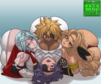 4girls amalia_(unicorn_overlord) amazon_(dragon's_crown) ass ass_cleavage ass_crack bed blonde_hair blue_hair butt_crack character_request copyright_request dagr_(fire_emblem) dark-skinned_female dark_skin debonair_diamond dragon's_crown eyepatch female female_only fire_emblem huge_ass laying_on_back light-skinned_female light_skin multiple_females multiple_girls muscular muscular_female shosho_oekaki the_hunters_guild:_red_hood unicorn_overlord