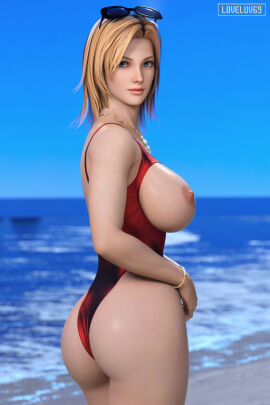 1girls 3d ass athletic athletic_female beach big_breasts blonde_hair blue_eyes breast_cutout breasts breasts_out busty dead_or_alive female female_focus female_only hi_res hourglass_figure human large_breasts light-skinned_female light_skin long_hair looking_at_viewer loveluv69 nipples one-piece_swimsuit standing sunglasses_on_head swimsuit tagme tina_armstrong wide_hips