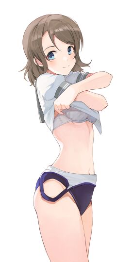 1girls abs blue_eyes bra breasts brown_hair competition_swimsuit female grey_hair hiroki_yyqw7151 looking_at_viewer love_live! love_live!_sunshine!! one-piece_swimsuit short_hair slim solo standing stomach swimsuit undressing watanabe_you white_background