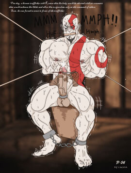bald_male bara beard god_of_war kratos liushahuiyou male male_focus male_only muscular muscular_male nude red_markings solo_male tied_arms tied_to_chair tied_up torture_device white_skin yaoi