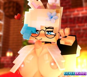 1boy 1girls 3d bedroom big_breasts blue_eyes breasts cock dick eeveelewds erect_nipples erect_penis female flower_in_hair glasses gloves humanoid_penis looking_at_viewer luna_(eeveelewds) male mine-imator minecraft multicolored_hair nipples outside paizuri penis pink_nipples pointy_ears rabbit_ears smile tagme titjob you