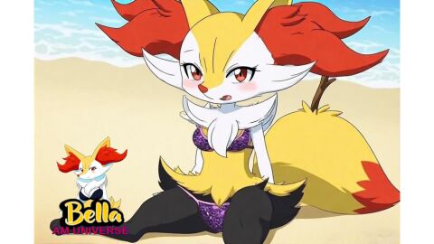 (am_universe)_bella_braixen beach beautiful bra braixen breasts female panties pokemon purple_bra purple_panties solo_female undergarment