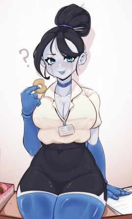 android beepo_(chunkymoon) donut eating eating_donut eating_food female holding holding_donut holding_food holding_object office office_lady robot robot_girl