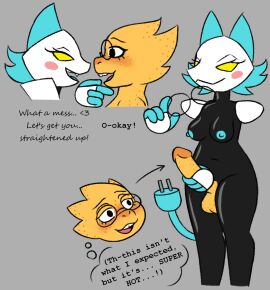 1futa alphys anthro artist_request balls black_body blue_ears blue_hair blue_nipples blue_tail blush blush_stickers cock_transformation consensual_transformation cord_tail darkner deltarune domestic_cat duo eyewear fangs felid feline felis female freckled_balls freckled_penis freckles freckles_on_shoulders futa_only futa_transformation futanari genitals glasses hair hi_res intersex jadebbutts lizard machine mammal nipples penis penis_transformation reptile robot scales scalie tail tasque_manager_(deltarune) teeth transformation undertale undertale_(series) yellow_body yellow_eyes yellow_penis yellow_scales