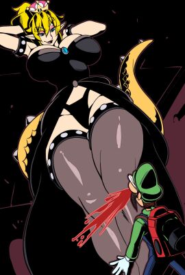 1boy 1girls 2019 arms_behind_head big_breasts black_dress black_panties blonde_hair blue_overalls bowsette breasts cleavage clothing crown duo eyes_popping_out facial_hair female giant giantess gigantic_breasts green_hat green_shirt huge_breasts human humanoid indoors larger_female legwear looking_down looking_up luigi luigi's_mansion male mario_(series) massive_breasts new_super_mario_bros._u_deluxe nintendo nisego nosebleed panties seductive seductive_look seductive_smile smile tail voluptuous voluptuous_female