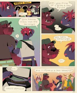 2023 absurd_res alcohol anthro beer beverage bovid bovine canid canine canis cattle clothed clothing comic dialogue domestic_cat domestic_dog duo_focus english_text fanny_pack felid feline felis fully_clothed fully_clothed_anthro group hat headgear headwear hi_res horn human male mammal money shirt simple_background speech_bubble tank_top text throatspit tongue tongue_out topwear