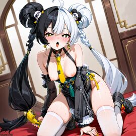 (titancore) ai_generated bedroom black_hair breasts breasts_out curvy_figure cute_girl dialyn dialyn_(zenless_zone_zero) female girl golden_eyes hair_extensions holding_object japanese_dress japanese_style multicolored_hair naughty_girl necktie small_breasts twintails video_game_character white_hair zenless_zone_zero