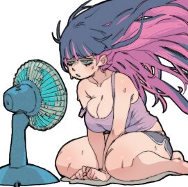 1girls amlogamer bangs big_breasts blue_eyes blush boob_spillage breast_overflow breasts busty chubby chubby_female cleavage cooling_off cyan_eyes dolphin_shorts fan female female_focus female_only hair_blowing hair_down hands_between_legs hotpants large_breasts light-skinned_female light_skin lowres on_floor on_knees overflowing_breasts panties_visible_through_clothing pantsu pantsu_ripper panty_&_stocking_with_garterbelt panty_peek pink_hair purple_hair red_cheeks red_knees short_shorts shorts stocking_anarchy strap_slip sweat tagme tank_top tired_expression tired_eyes tired_look two-tone_hair underwear underwear_peek wind