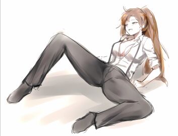 1girls big_breasts blonde_hair blush breasts cleavage clothing female library_of_ruina long_hair office_clothing olga_(library_of_ruina) ponytail project_moon rolled_up_sleeves shirt sitting smile suspenders upscaled