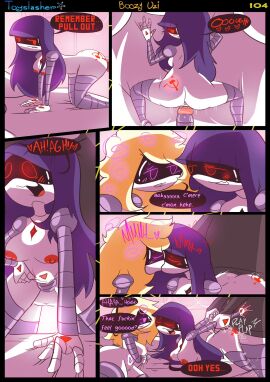 1boy 2024 2d 2girls ass bisexual blonde_hair blush boozy_uzi breasts comic completely_nude dialogue doll_(murder_drones) drunk english english_text female female_penetrated ffm_threesome glitch_productions hammer_and_sickle humanoid kissing kissing_while_penetrated lizzy_(murder_drones) male male_penetrating male_penetrating_female murder_drones nikolay_(toyslasher) nude nude_female page_104 page_number penetration purple_hair pussy robot robot_boy robot_girl robot_humanoid screen_face sex tattoo toyslasher vagina vaginal_penetration white_body worker_drone