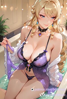 ai_generated black_choker blonde_hair blue_eyes curvy_figure female genshin_impact gold_earrings lewdrune navia_(genshin_impact) solo