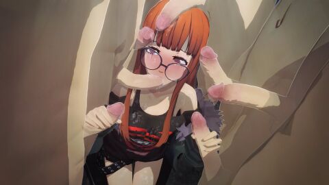 1girls 7boys breasts cum cum_in_mouth cum_on_body cum_on_breasts cum_on_clothes cum_on_face cum_on_glasses cum_on_hair fellatio female handjob long_hair male multiple_boys multiple_males oral orange_hair persona persona_5 persona_5_royal sakura_futaba small_breasts uriziel38