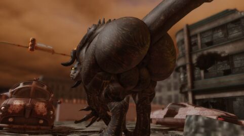 1boy 3d anthro anus ass back_view balls bethesda_softworks big_ass big_butt deathclaw fallout gay glowing_eyes horns inviting looking_back male male_only presenting presenting_ass roblox shaking_ass solo solo_focus tagme tail willie_piv