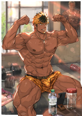 1boy abs armpits arms_up bara barbell beard beefy biceps big_breasts black_eyes black_hair blonde_hair bodybuilder boxer_briefs breasts cellphone dark-skinned_male dark_skin dog_tags earrings erection erection_under_clothes gay grin hi_res indoors livestream looking_down magazine male male_only mature_male multicolored_hair muscles muscular muscular_arms muscular_legs muscular_thighs necklace nikism original original_character pecs pose posing poster quadriceps short_hair sideburns six_pack smartphone solo sousuke000 spread_legs sunlight tenga thick_eyebrows thick_neck thick_thighs tiger_print tough_guy triceps underwear_only v-shaped_eyebrows water_bottle window yaoi