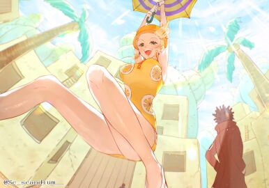 1girls artist_name bare_arms bare_legs bare_thighs big_breasts blonde-haired_female blonde_hair blush breasts building clothed clothing dress earrings female female_focus from_below green_eyes hat headwear holding_object large_breasts lemon_print low-angle_view male mikita_(one_piece) miss_valentine mr_5 one_piece open_mouth outdoors sc_scandium short_hair slim_waist smile sunny thick_thighs thighs thin_waist umbrella yellow_dress