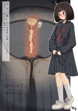 black_eyes black_sailor_collar black_shirt black_skirt blunt_bangs blunt_ends blush brown_hair closed_mouth commentary_request cum cum_in_pussy cumdrip embarrassed female full_body grey_panties holding_cum jpeg_artifacts kasago_(wnfj2383) long_sleeves miniskirt multiple_views neckerchief nose_blush original panties pleated_skirt polka_dot polka_dot_panties puffy_long_sleeves puffy_sleeves red_neckerchief sailor_collar school_uniform serafuku shirt shoes short_hair skirt sneakers socks standing translation_request underwear uterus watermark white_shoes white_socks x-ray