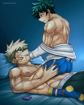 absurdres almirondraws back bakugou_katsuki bare_back bare_legs bed bedroom blonde_hair boku_no_hero_academia bones_(company) condom condom_wrapper freckles green_eyes green_hair highres izuku_midoriya katsuki_bakugou legs lying male messy_hair midoriya_izuku my_hero_academia on_bed pillow red_eyes riding scar scar_on_arm scar_on_chest scar_on_leg shounen_jump socks spiked_hair underwear yaoi