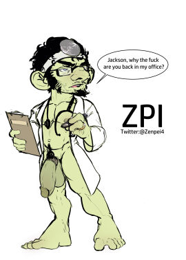 balls bara barefoot big_balls big_head big_penis bottomless circumcised coat doctor english_text facial_hair feet flaccid labcoat male male_only muscles muscular pantsless penis small_body solo solo_male speech_bubble stethoscope text twitter_username yaoi zenpei