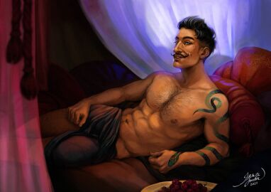 1boy 2021 abs arm_tattoo armpit_hair artist_name artist_signature bara beauty_mark biceps black_hair chest_hair curtains dark-skinned_male dark_hair dark_skin dorian_pavus dragon_age dragon_age_inquisition facial_hair galacticjonah gay_male grapes grey_eyes hairy_legs half-dressed half_naked human human_only looking_at_viewer lying lying_down mage male male_only mole moustache muscles muscular muscular_male nipples no_visible_genitalia pecs pillows shirtless shirtless_male smile smiling snake_tattoo solo solo_male tattoo video_games yaoi