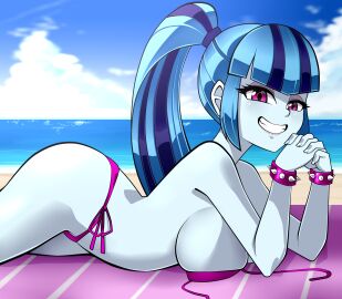 1girls ass beach beach_towel big_breasts bikini bikini_top breasts cloud deviantart_link equestria_girls eyeshadow female female_only friendship_is_magic grin hasbro hi_res highres large_breasts looking_at_viewer makeup my_little_pony nekojackun ocean partially_nude ponytail sideboob solo solo_female sonata_dusk spiked_bracelet spiked_wristband sunbathing swimsuit twitter_link untied_bikini_top water