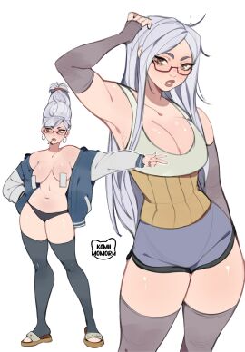 1girls alternate_costume alternate_hairstyle ayase_seiko dandadan dolphin_shorts female gilf glasses hair_down hi_res kamii_momoru shorts shounen_jump thighhighs thighs