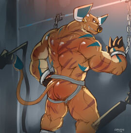 2022 anthro bara big_muscles biped bodily_fluids bovid bovine cattle chained_to_wall chained_up clothed clothing facial_piercing glaucablitz hi_res jockstrap jockstrap_only looking_at_viewer male mammal muscles muscular muscular_anthro muscular_male muscular_sub nose_piercing nose_ring piercing ring_piercing solo submissive submissive_anthro submissive_male sweat topless underwear underwear_only whip_mark whipping_butt yaoi