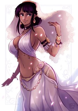 1girls artist_logo belly_dance belly_dancer big_breasts breasts dark-skinned_female dark_skin female female_human female_only fit fit_female happy happy_female human large_breasts looking_at_another mature_female nico_robin no_sex one_piece sfw shuravf90 slim_waist solo wide_hips