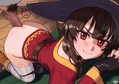 1boy 1girls all_fours anal anal_juice anal_penetration anal_sex anus artist_name ass asymmetrical_legwear balls bandaged_leg bandages bent_over black_gloves black_hat black_panties black_thighhighs blush boots bottomless brown_boots brown_hair bubble_ass bubble_butt closed_mouth clothed_sex doggy_style dress drooling female female_focus female_penetrated fingerless_gloves gloves green_eyes hat highres interlocked_fingers kono_subarashii_sekai_ni_shukufuku_wo! large_insertion large_penetration large_penis light-skinned_female light_skin long_sleeves looking_at_viewer looking_pleasured male male/female male_penetrating male_penetrating_female male_pubic_hair megumin mismatched_legwear mouth_drool nilsunna own_hands_together panties panty_pull penis penis_in_ass pubic_hair red_dress red_eyes satou_kazuma sex sex_from_behind single_thighhigh smile smug solo_focus speech_bubble straight teenage_female teenager testicles thighhighs uncensored underwear v-shaped_eyebrows wooden_floor young_female