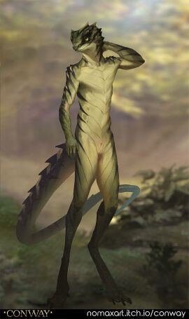 animal_genitalia anthro biped blurred_background casual_nudity claws conway_(game) digital_drawing_(artwork) digital_media_(artwork) full-length_portrait genital_slit genitals green_body green_scales hi_res julian_(conway) lizard looking_at_viewer male nature nomax nude outdoor_nudity outside portrait reptile scales scalie slim small_waist smile smiling_at_viewer solo standing striped_body stripes tail