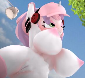 3d_(artwork) anthro areola big_breasts biped breasts digital_media_(artwork) electronics equid equine eyelashes female friendship_is_magic genitals green_eyes hair hasbro headphones hi_res horn low-angle_view mammal my_little_pony mythological_creature mythological_equine mythology nipples pink_hair purple_hair purplefondue pussy solo sweetie_belle_(mlp) thick_thighs unicorn vulva white_body