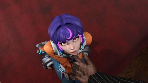 1boy 1girls 3d 3d_(artwork) clothed clothing dark-skinned_male dark_skin dominant dominant_male eisyuki female highres juno_(overwatch) kneeling light-skinned_female light_skin looking_at_viewer male_pov overwatch overwatch_2 parted_lips pov purple_hair red_eyes short_hair size_difference submissive submissive_female