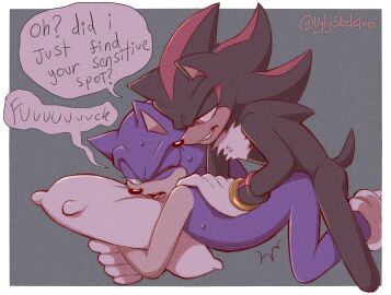 anal anthro ass bodily_fluids dialogue doggy_style duo from_behind_position hi_res hug hugging_object hugging_pillow male male/male pillow sega sex shadow_the_hedgehog sonic_(series) sonic_the_hedgehog sonic_the_hedgehog_(series) speech_bubble sweat uglyskeleton