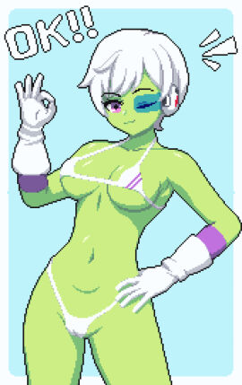 ass big_ass big_breasts big_butt big_thighs big_titties bikini breasts cheelai curvaceous curvaceous_female curvaceous_figure curvy curvy_figure curvy_hips dragon_ball dragon_ball_super female female_focus female_only green_skin pixel_art scouter seiko093 short_hair tinted_eyewear white_hair