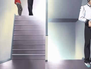 00s 2001 2boys 2girls animated bible_black bible_black_night_of_the_walpulgiss black_thighhighs breasts brown_hair cleavage female green_eyes hair_ornament imari_kurumi large_breasts long_hair microskirt multiple_girls necktie ponytail red_necktie running school school_uniform shirt shoes side_ponytail stairs suspenders tagme thighhighs