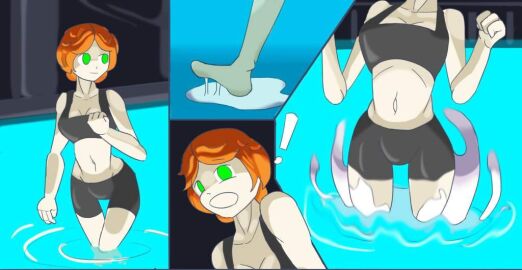 black_clothing breasts changed_(video_game) clothing exclamation_point female giygas_nator goo_creature goo_transformation hair human lake latex latex_clothing latex_skinsuit mammal orange_hair skinsuit slime squid_dog_(changed) tight_clothing transformation underwater underwater_view water white_body yellow_eyes