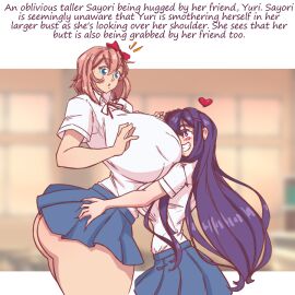 2girls ass big_ass big_breasts blue_skirt breast_awe breasts clothes clothing doki_doki_literature_club english_text female female_only huge_ass huge_breasts hyper_breasts multiple_females multiple_girls n647 sayori_(doki_doki_literature_club) skirt text yuri yuri_(doki_doki_literature_club)